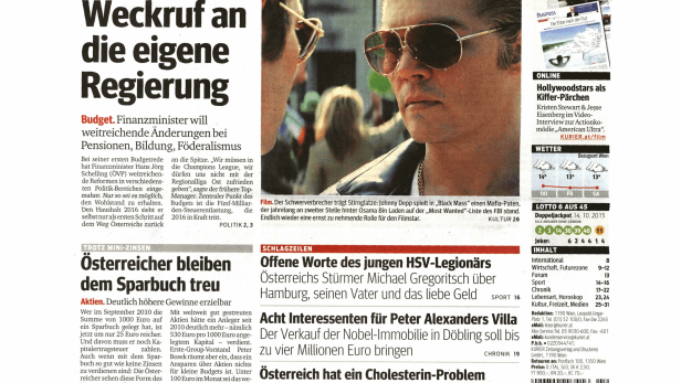 Titelseite der österreichischen Tageszeitung „Kurier“ vom 15. Oktober 2015.