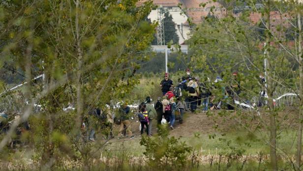 Flüchtlige treffen auf ungarische Polizisten, als sie von Kroatien aus Grenze zu Ungarn überschreiten.