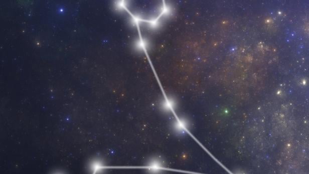 Die Sternenkonstellation des Tierkreiszeichens Fische vor einem Sternenhimmel.