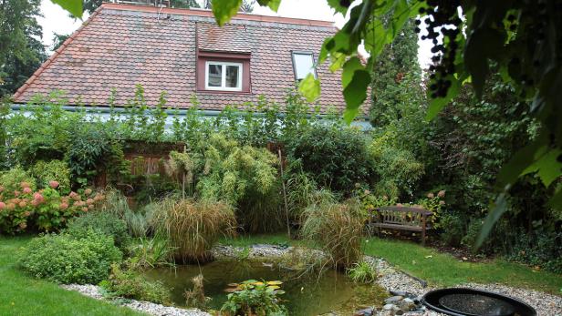 Idyllisch liegt der Teich im über 1000 m² großen Garten, der die Villa umringt. Neun Interessenten werden bei der Auktion erwartet.