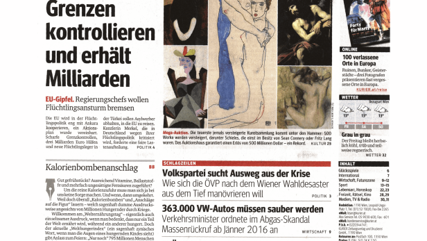 Titelseite der Zeitung „Kurier“ vom 16. Oktober 2015.