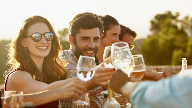 Freunde stoßen lachend bei einem sonnigen Essen im Freien mit Weingläsern an.