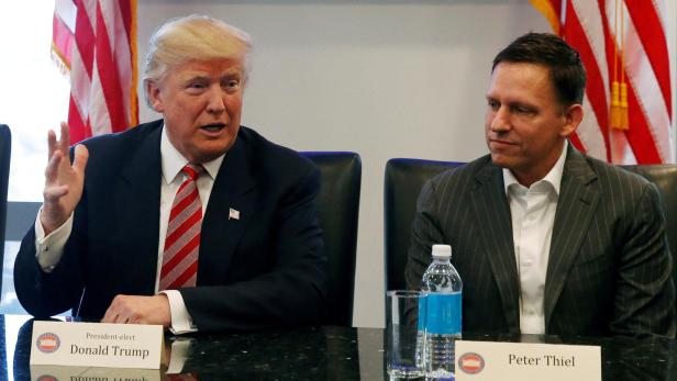 FILE PHOTO: U.S. President-elect Donald Trump sits with PayPal co-founder and Facebook board member Peter Thiel, during a meeting with technology leaders at Trump Tower in New York