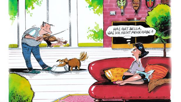 Karikatur: Mann spielt Geige für Hund, während Frau auf Sofa sitzt und sich fragt, was Bella hat, was sie nicht hat.