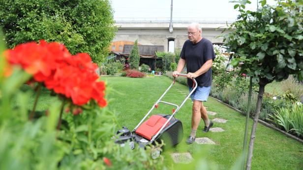 Ein Mann mäht den Rasen in einem gepflegten Garten.