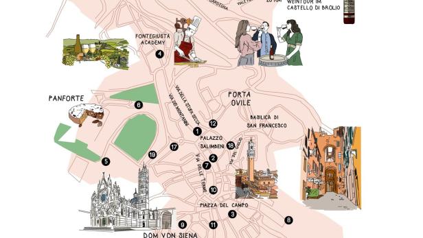 Eine illustrierte Karte von Siena und Umgebung mit Sehenswürdigkeiten und Weingütern.
