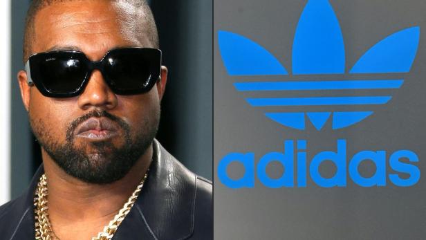 Ein Porträt von Kanye West neben dem Adidas-Logo.