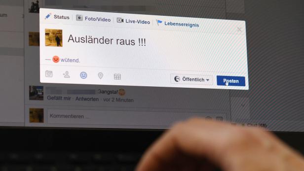 Auf einem Computerbildschirm ist ein Hassposting mit der Aufschrift „Ausländer raus !!!“ zu sehen.