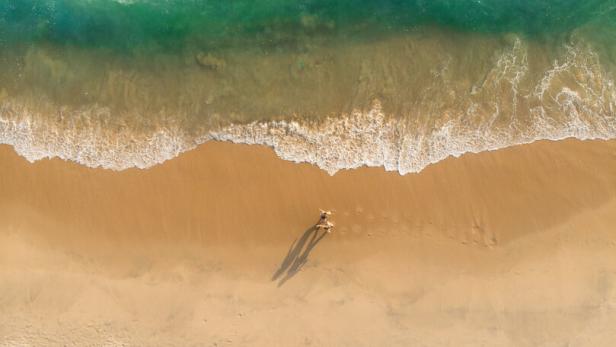 Eine Drohnenaufnahme von Menschen, die am Varkala Strand stehen. Die Wellen branden an.