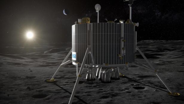 Eine ESA-Mondlandefähre steht auf der Mondoberfläche, im Hintergrund sind Erde und Sonne zu sehen.