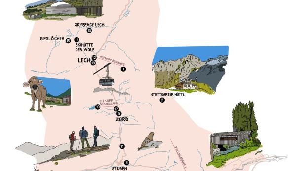 Eine illustrierte Karte der Region um Lech und St. Anton in Österreich.