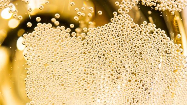 Nahaufnahme von Champagnerblasen in einem Glas.