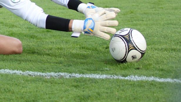Ein Torwart versucht, einen Fußball auf einem grünen Rasen zu fangen.