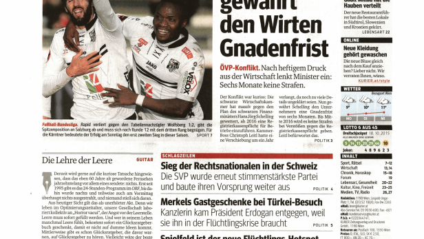 Titelseite der österreichischen Tageszeitung Kurier vom 19. Oktober 2015.
