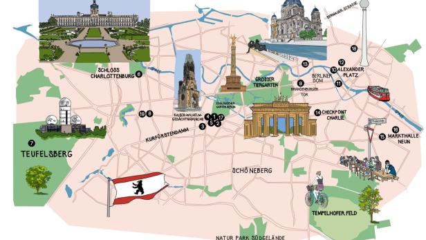 Eine illustrierte Karte von Berlin mit Sehenswürdigkeiten und Tipps für 2023.