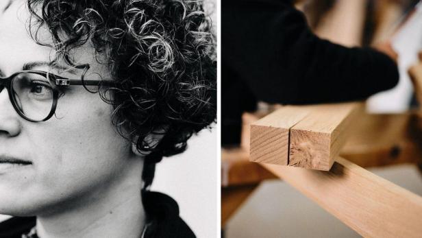 Porträt von Katja Kammerer neben einem Werkstück aus Holz.