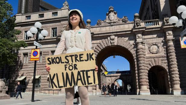 Greta Thunberg stands outside the Swedish Parliament in Stockholm