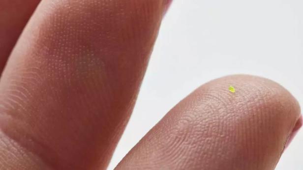 Die „Louis Vuitton Microscopic OnTheGo“ von MSCHF auf einer Fingerspitze.