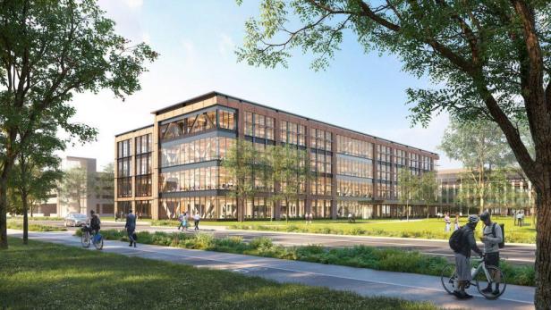 Ein modernes Bürogebäude mit großen Fenstern und umliegenden Grünflächen.