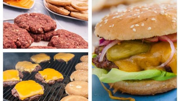 Einige Burger-Zutaten und ein fertiger Burger werden gezeigt.