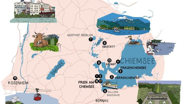 Eine illustrierte Karte des Chiemsees mit Sehenswürdigkeiten und Ortsnamen.