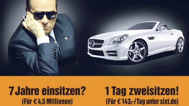 berlusconi.jpg Silvio Berlusconi neben einem weißen Mercedes-Benz SLK Cabriolet in einer Werbeanzeige.