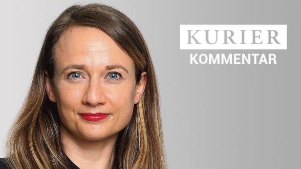 Porträt einer Frau mit langen, blonden Haaren und blau-grauen Augen vor dem Schriftzug „Kurier Kommentar“.