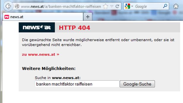 Eine 404-Fehlermeldung auf der Website news.at zum Thema „Banken Machtfaktor Raiffeisen“.