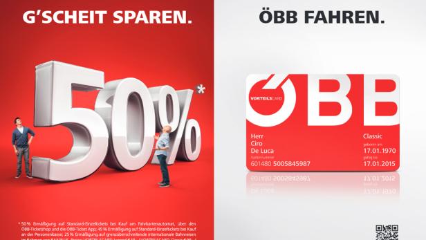 Eine ÖBB-Werbung mit dem Slogan „G'scheit sparen. ÖBB fahren.“ und einer roten Vorteilscard.