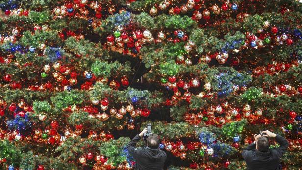 Zwei Männer fotografieren einen riesigen, geschmückten Weihnachtsbaum.