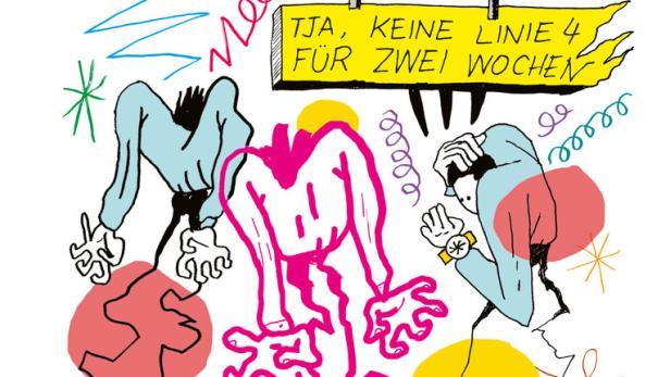 Eine Comic-Zeichnung mit bunten, verzerrten Figuren und dem Text „Tja, keine Linie 4 für zwei Wochen“.