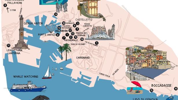 Eine illustrierte Karte von Genua mit Sehenswürdigkeiten wie dem Aquarium und dem Leuchtturm.