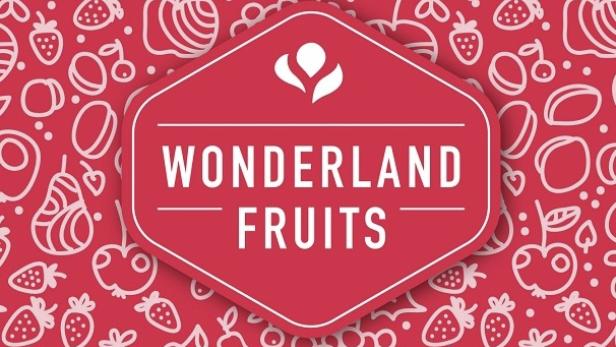 Das Logo von „Wonderland Fruits“ auf einem roten Hintergrund mit Fruchtzeichnungen.