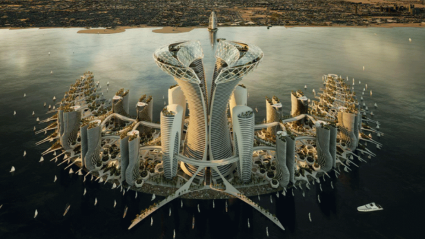Eine futuristische Stadtinsel mit ungewöhnlicher Architektur im Meer.