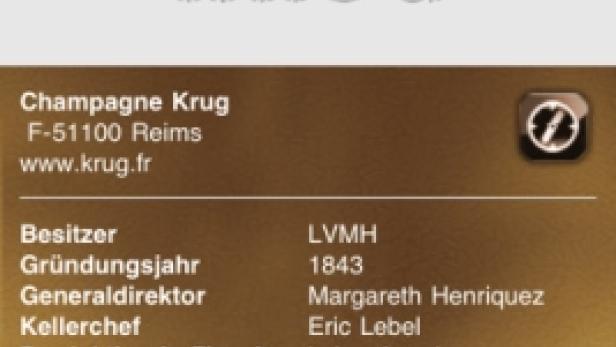 Ein Screenshot der „Champagne Krug“-App mit Informationen über das Champagnerhaus.