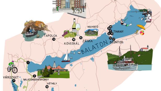 Eine illustrierte Karte des Balatonsees mit verschiedenen Sehenswürdigkeiten und Aktivitäten.