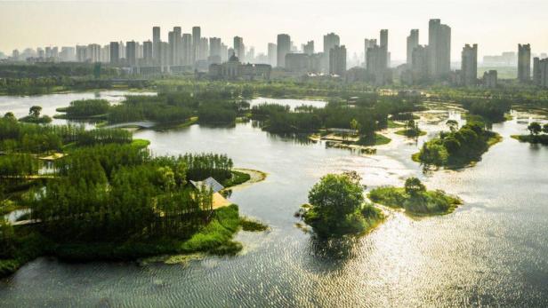 Blick auf den Main-Fish-Tail-Park mit einem See und der Skyline im Hintergrund.