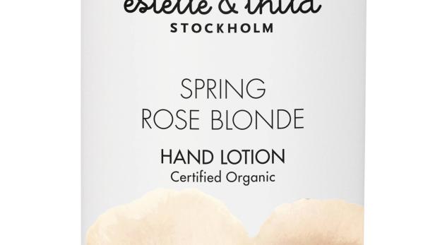 Eine Flasche „Estelle & Thild Spring Rose Blonde“ Handlotion mit Rosenblüten-Dekor.