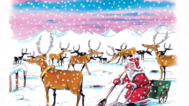 Eine Karikatur zeigt Gustav, ein Rentier, und den Weihnachtsmann, der mit einem Besen den Schnee kehrt.