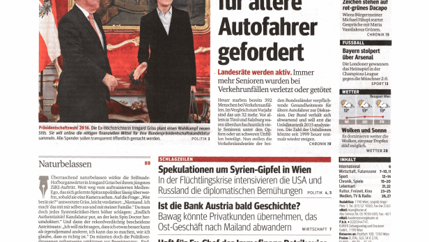 Titelseite des Kurier vom 21. Oktober 2015 mit Nachrichten und Werbung.
