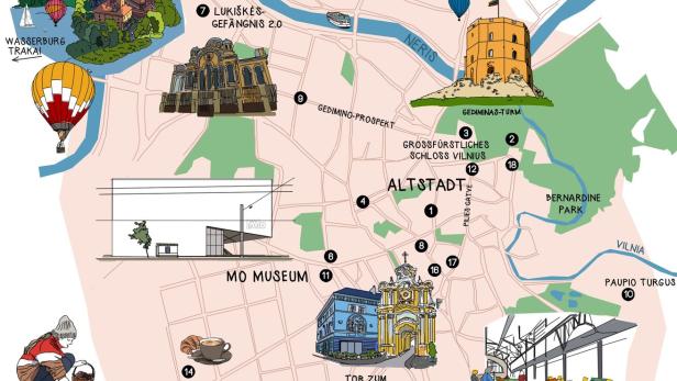 Eine illustrierte Karte von Vilnius mit Sehenswürdigkeiten wie dem Gediminas-Turm und dem MO Museum.