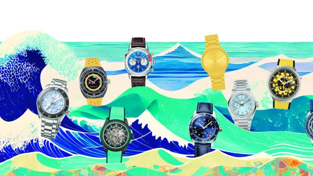 Eine Sammlung verschiedener Armbanduhren vor einem Hintergrund mit Wellenmuster.