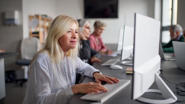 Group of senior people attending computer and technology education class.