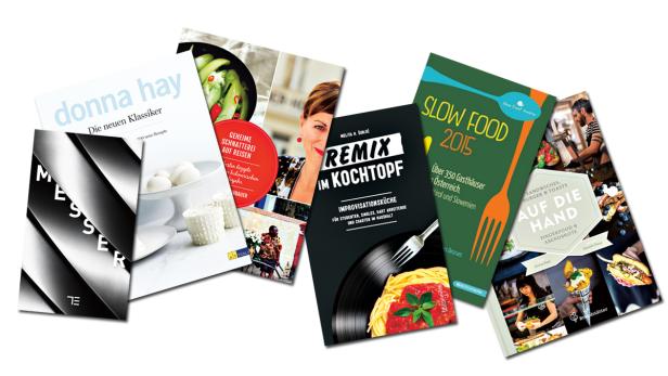Eine Sammlung verschiedener Kochbücher, darunter „Donna Hay: Die neuen Klassiker“ und „Remix im Kochtopf“.