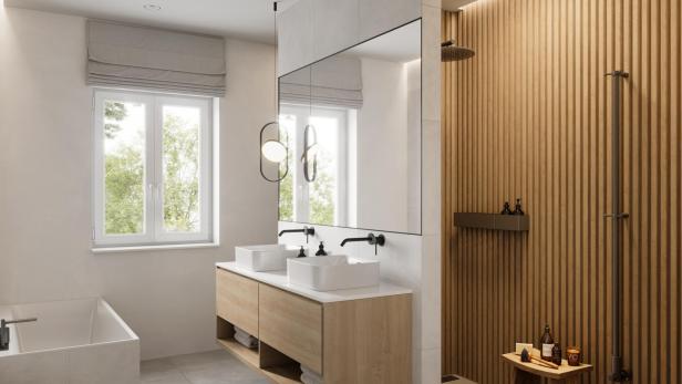 Ein modernes Badezimmer mit Doppelwaschbecken und Holzdusche.