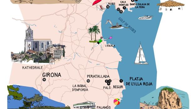 Eine illustrierte Karte der Region Girona in Spanien mit Sehenswürdigkeiten und Küstenorten.