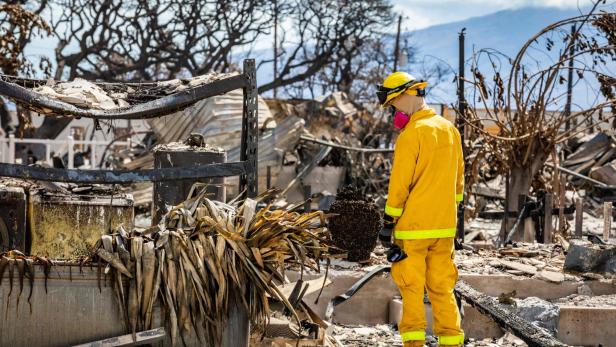 Feuerwehrmann vor verbrannter Nachbarschaft auf Maui nach Waldbrand