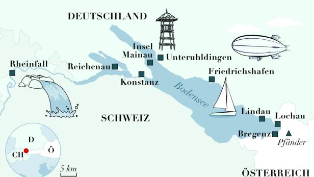 Eine Karte des Bodensees mit Sehenswürdigkeiten und angrenzenden Ländern.