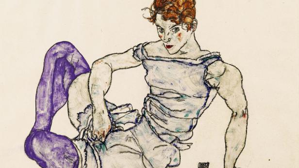 Egon Schiele, Sitzende Frau in violetten Strümpfen, 1917 - das Bild zeigt Adele Harms, die Schwägerin des Künstlers.