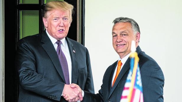 Viktor Orban schüttelt Donald Trump bei einem Staatsbesuch die Hand